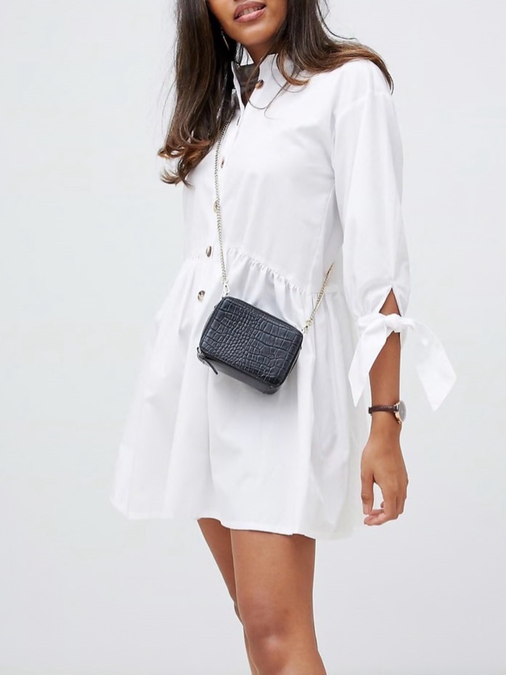 ASOS DESIGN Grandad Collar Smock Dress with Tie Sleeves